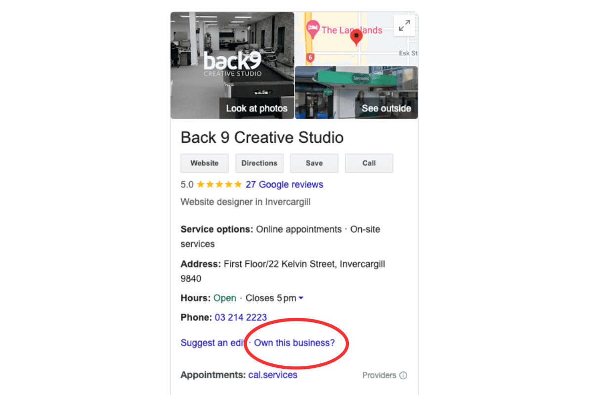 Google Business Profile for Back9 Creative Studio with a red circle showing the "own this business" link.